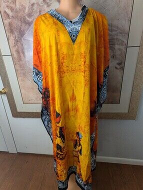 Winlar Womens Caftan Kaftan Dress Pullover Gold Orange African Tribal Size OS